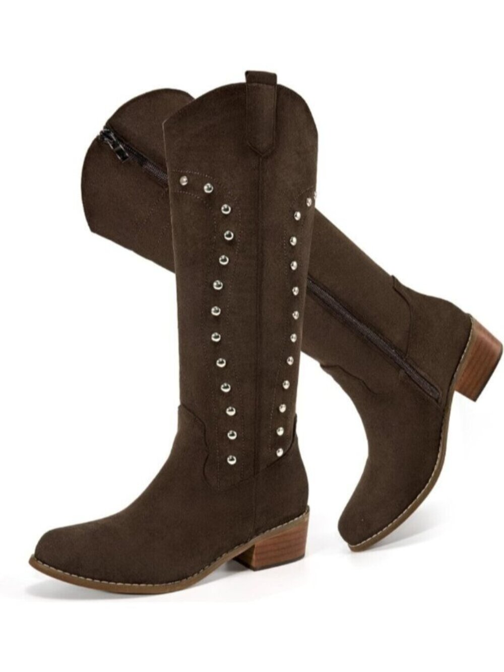 Women's Coffee Western Knee High Wide Calf Suede Comfortable Cowgirl Boots